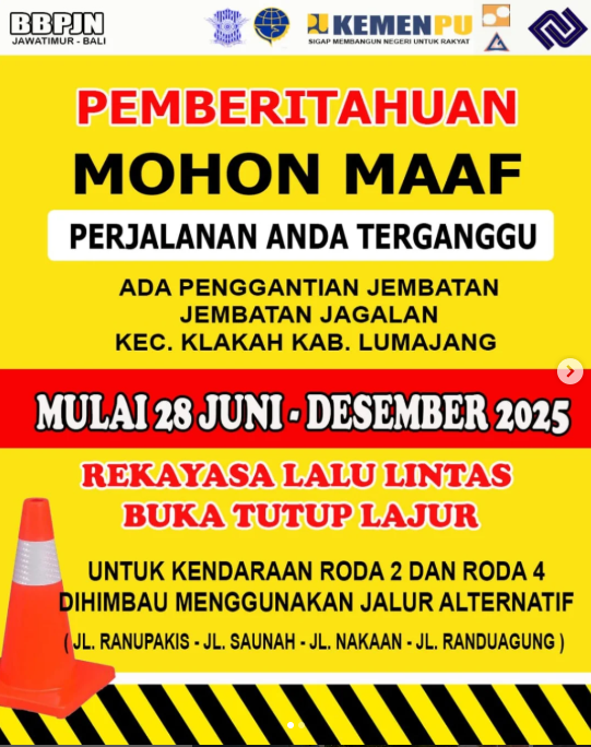 BBPJN KemenPUPR Jatim-Bali akan melakukan penggantian Jembatan Jagalan di Kecamatan Klakah mulai 28 