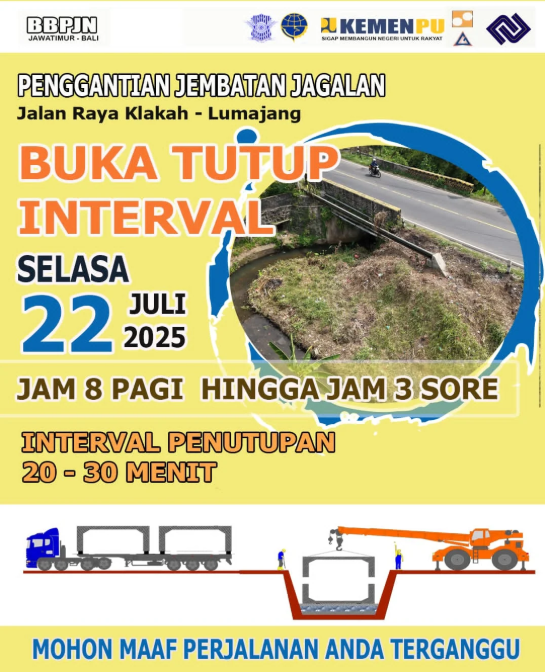 Akan ada buka-tutup jalan secara berkala di Jalan Raya Klakah–Lumajang